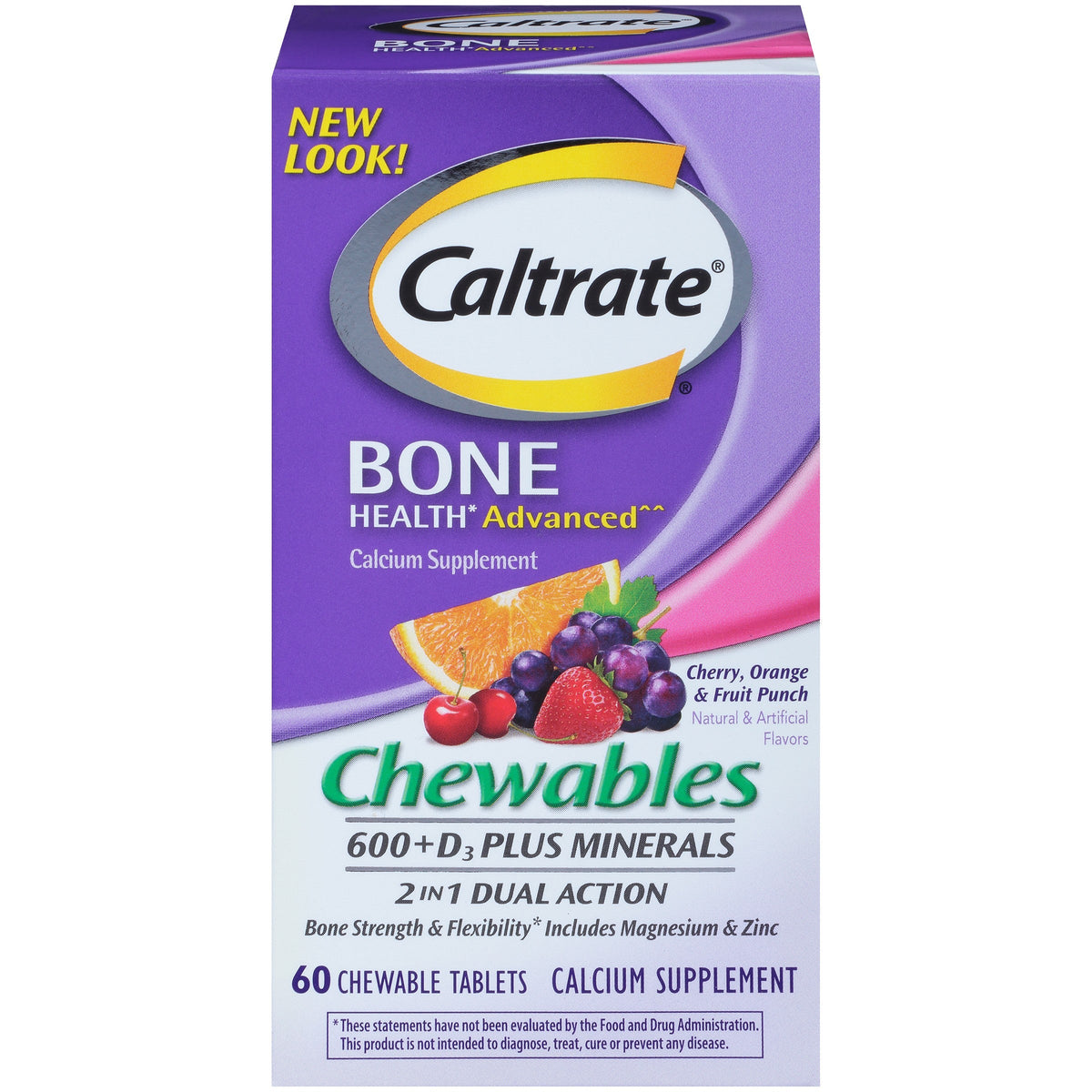 Caltrate 600+D3 Plus Minerals (60 Count, Cherry, Orange, And Fruit Punch) Calcium & Vitamin D3 Chewable Supplement, 600mg
