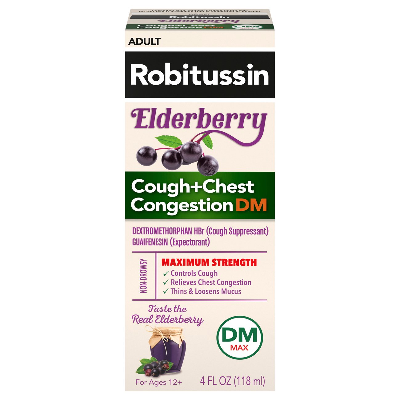 Robitussin Cough + Chest Congestion DM, Maximum Strength, Elderberry, Adult 4 Fl Oz