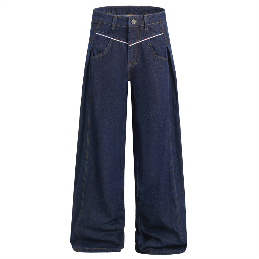American High Street Design Denim Wide Leg Long Pants Men's Vibe Trendy Side Pleated Loose Casual Trousers