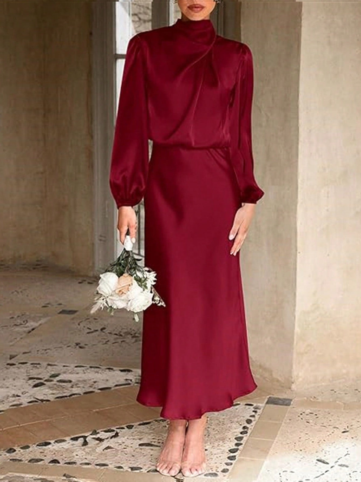 Elegant Temperament Long-sleeved Dress Satin Halterneck Formal Evening Dresses Women Clothing