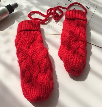Korean Twist Double Thickening Fashion Hanging Neck Woolen Gloves Mittens Knitted Gloves Women Winter Korean Cute