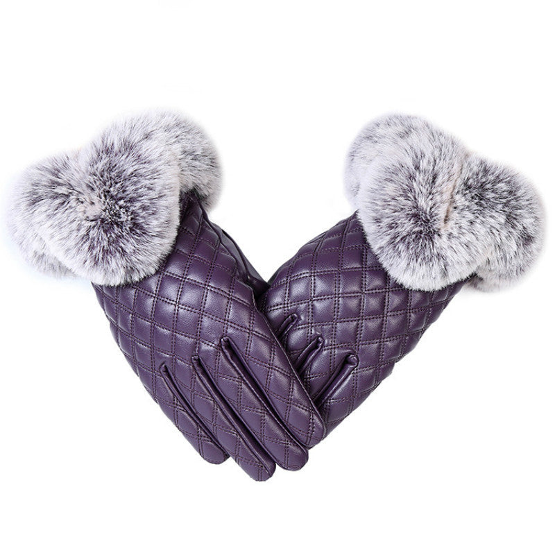 Ladies Fur Ball Pu Gloves Winter Plus Velvet Cute Gloves Touch Screen Touch Warm Gloves Factory Direct Sales