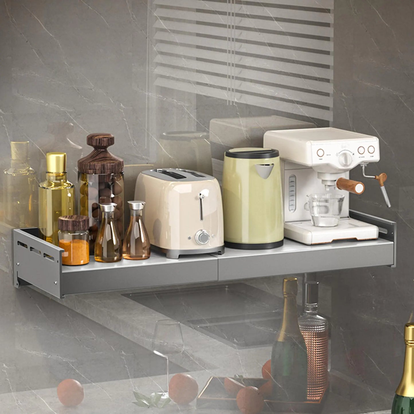 LEMYEF Stainless Steel Adjustable Wall Rack Household Grade Microwave Oven Wall Rack high Load Bearing countertop Stationary kit Multifunctional Storage Rack (16“-23.6” Gun Grey)
