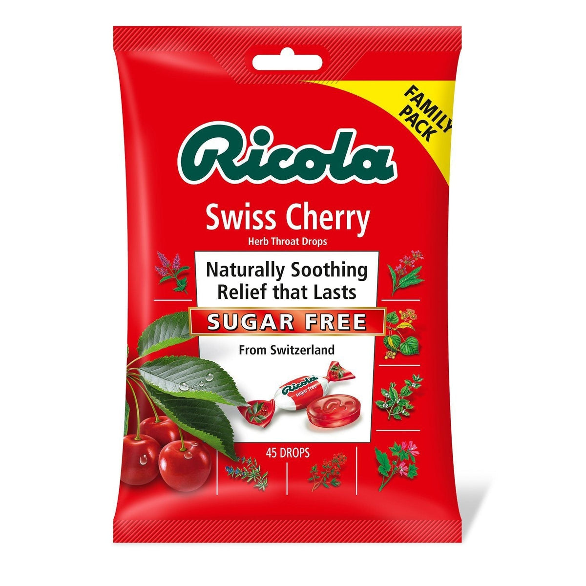 Ricola Herb Throat Drops, Sugar Free, Swiss Cherry, Family Pack