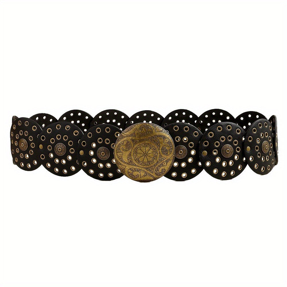 Disc Hook Leather Retro Rivet Alloy Belt Wide Belt