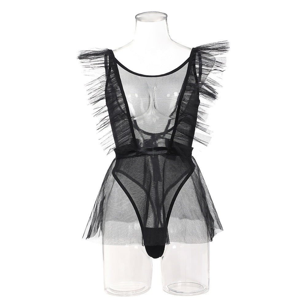 Mesh Jumpsuit Tutu Skirt Gloves Three-piece Set For Women
