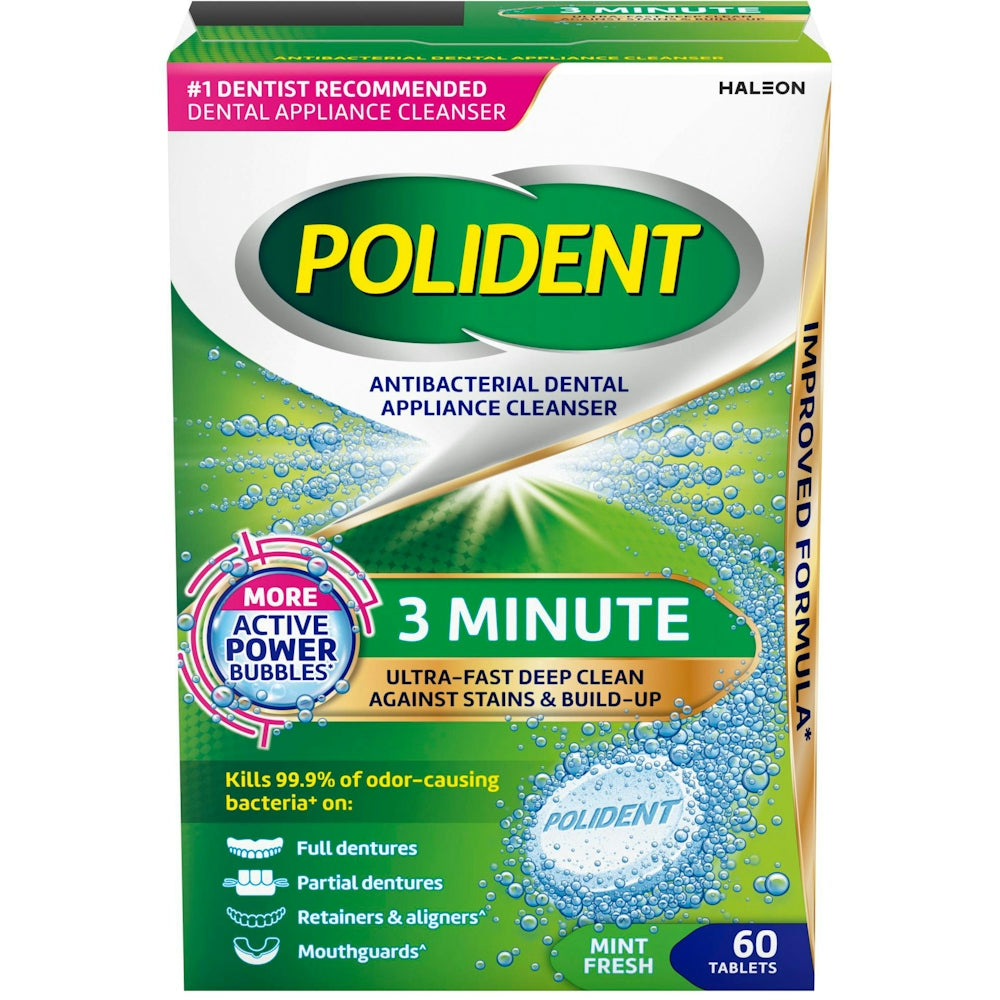 Polident Antibacterial Dental Appliance Cleanser 3 Minute Tablets 60Ct