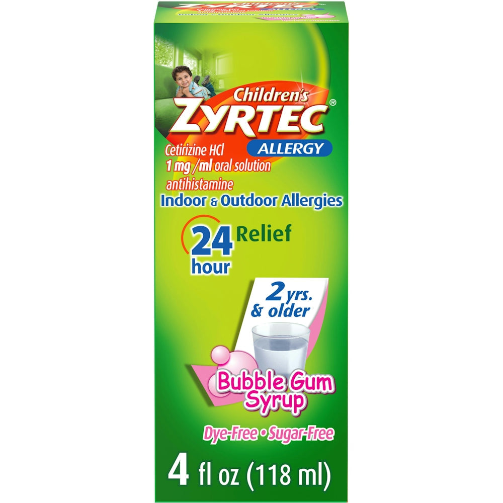 Zyrtec Children's 24 Hour Allergy Relief Syrup Sugar & Dye Free Bubble Gum 4 Oz