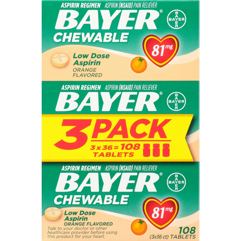 Bayer Aspirin 81 Mg Chewable Tablets Orange 36Ct 3 Pack