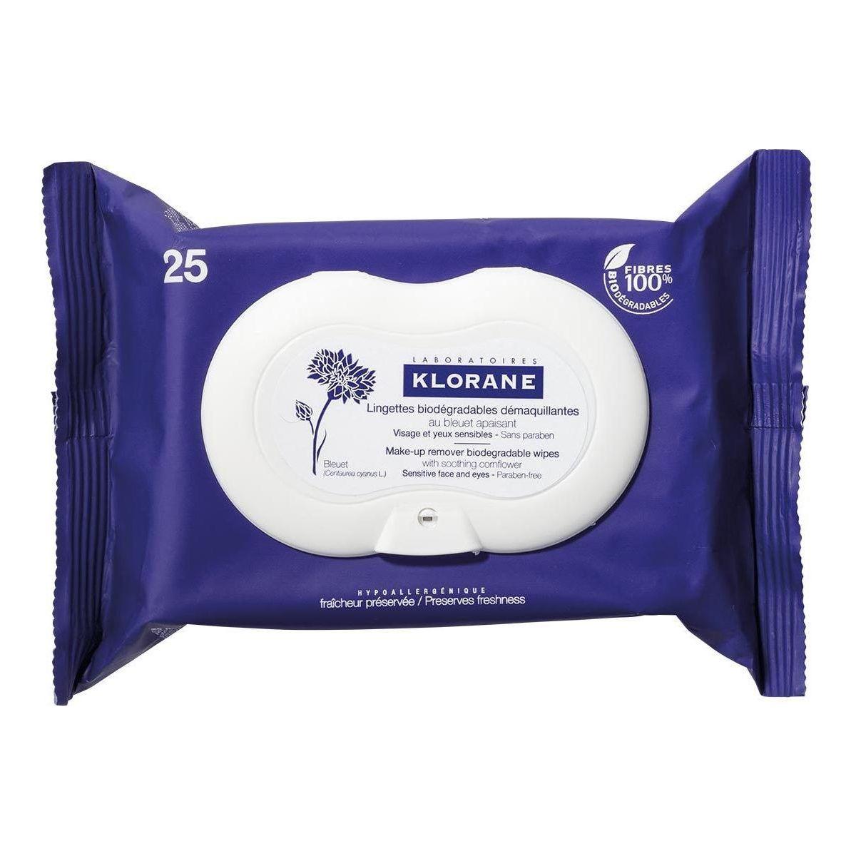 Klorane Make-Up Remover Biodegradable Wipes with Soothing Cornflower, 25 Count