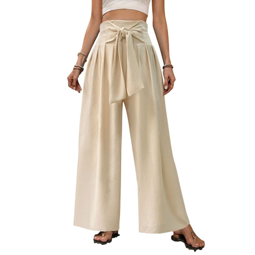 Womens Solid-Color High-Waist Tie-Front Casual Drapey Wide-Leg Pants