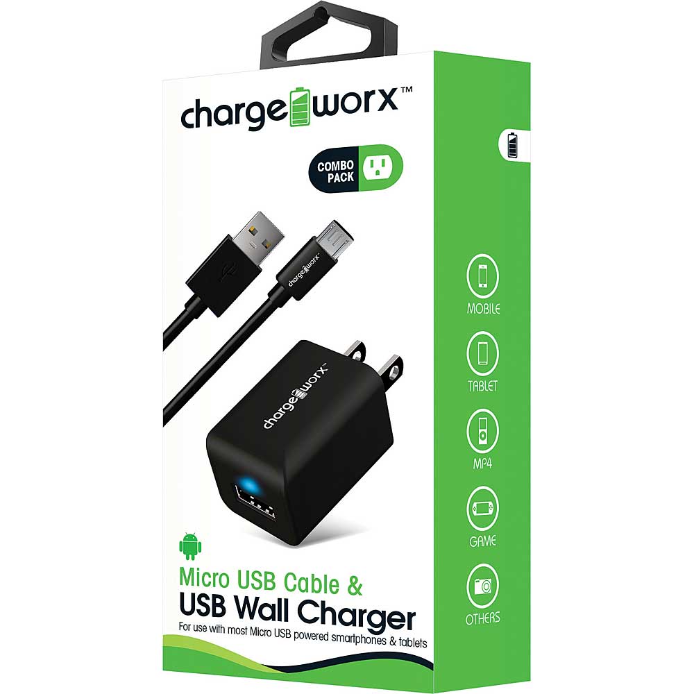 Chargeworx Micro USB Sync Cable & USB Wall Charger, Black
