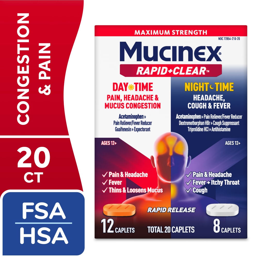 Mucinex® Rapid+Clear™ Daytime & Nighttime Maximum Strength Pain Reliever/Fever Reducer Tablet CPLT, 20 EA