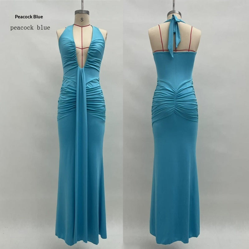 Solid Color Elegant Halter Deep V Waist-slimming Long Dress