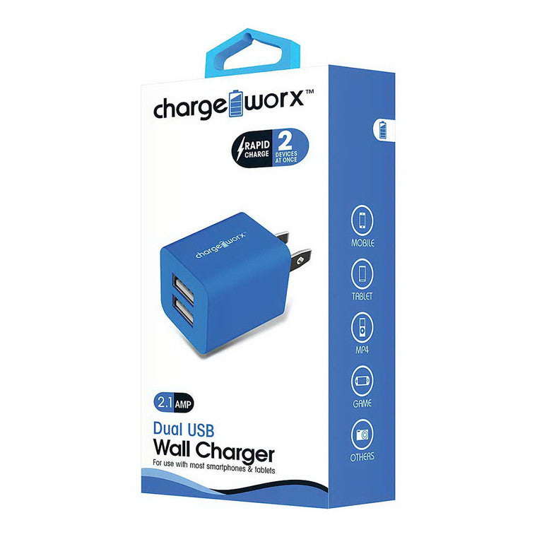 Chargeworx Charge Worx 2.1AMP Rapid Charge Dual USB Wall Charger, Blue