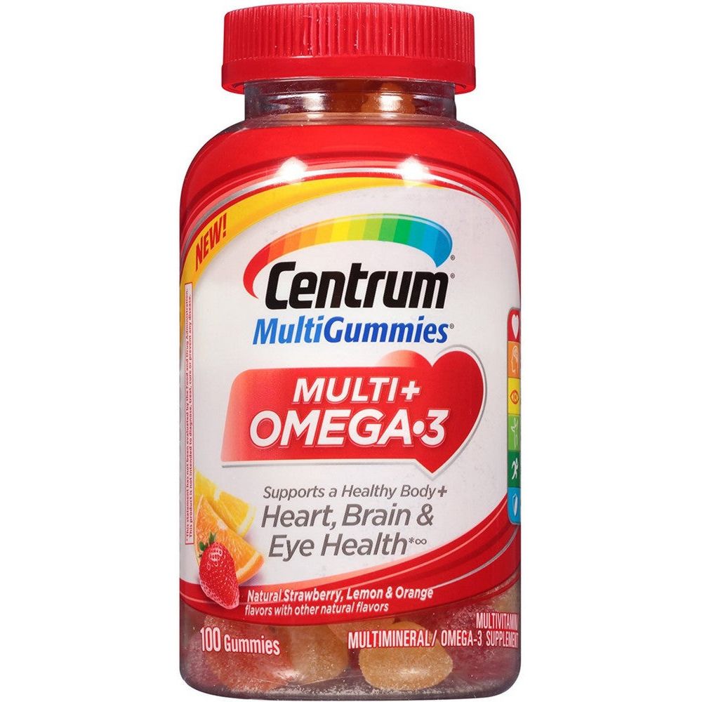 Centrum MultiGummies Omega 3 Gummy Multivitamin For Adults, Multivitamin/Multimineral Supplement, Strawberry/Lemon/Orange Flavors
