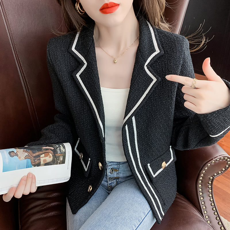 Women's Tweed Jacket Casual Colorblock Suit Collar