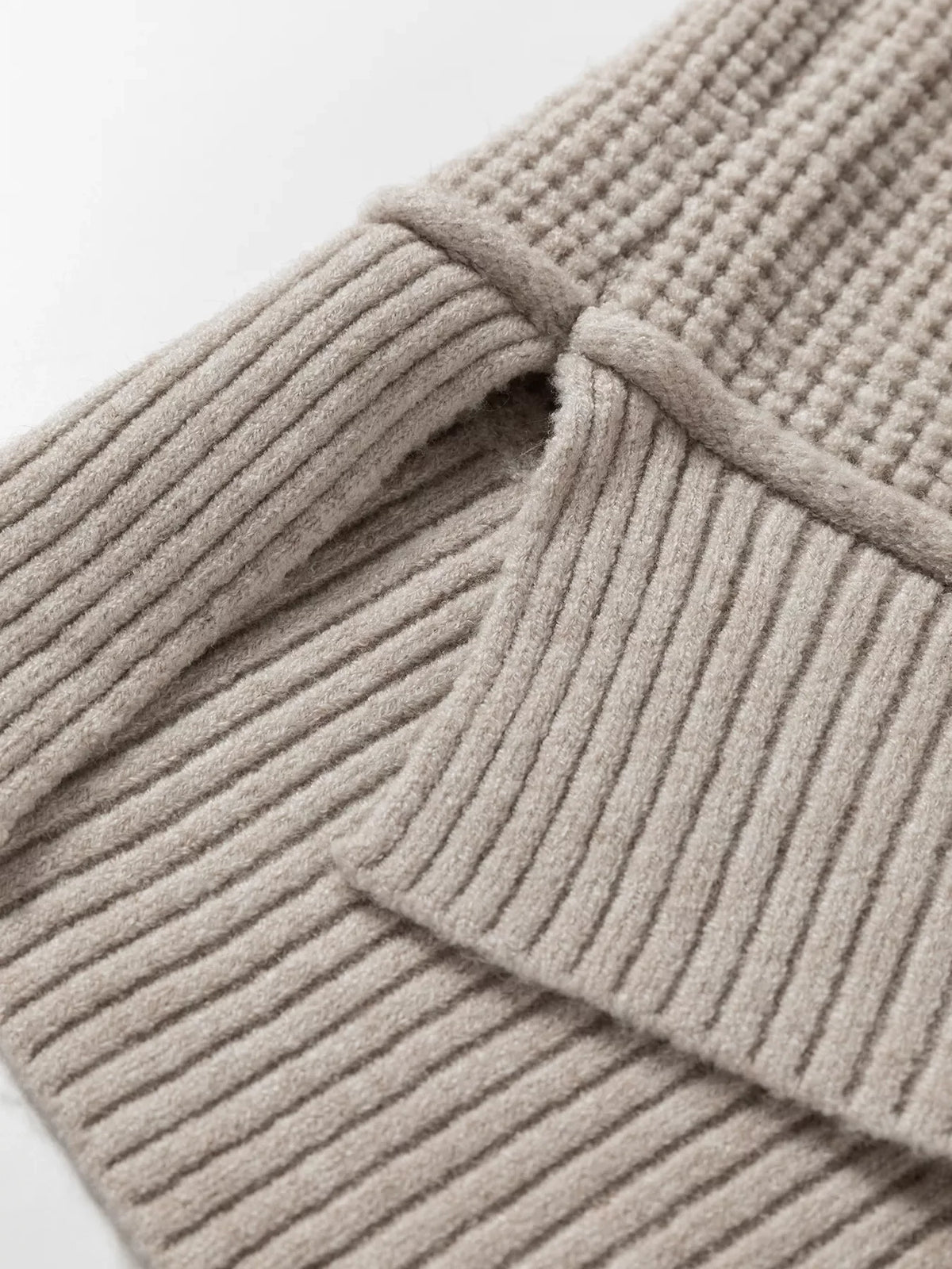 Waffle Texture Knit Ribbed High Neck Drop Shoulder Sweater