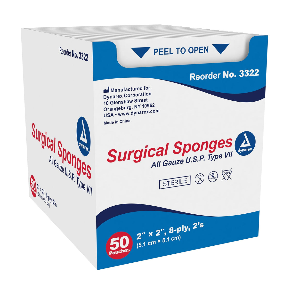 Dynarex Sterile Gauze Sponges - 2" x 2", 8-Ply, 100 Count Box (Ref 3322)