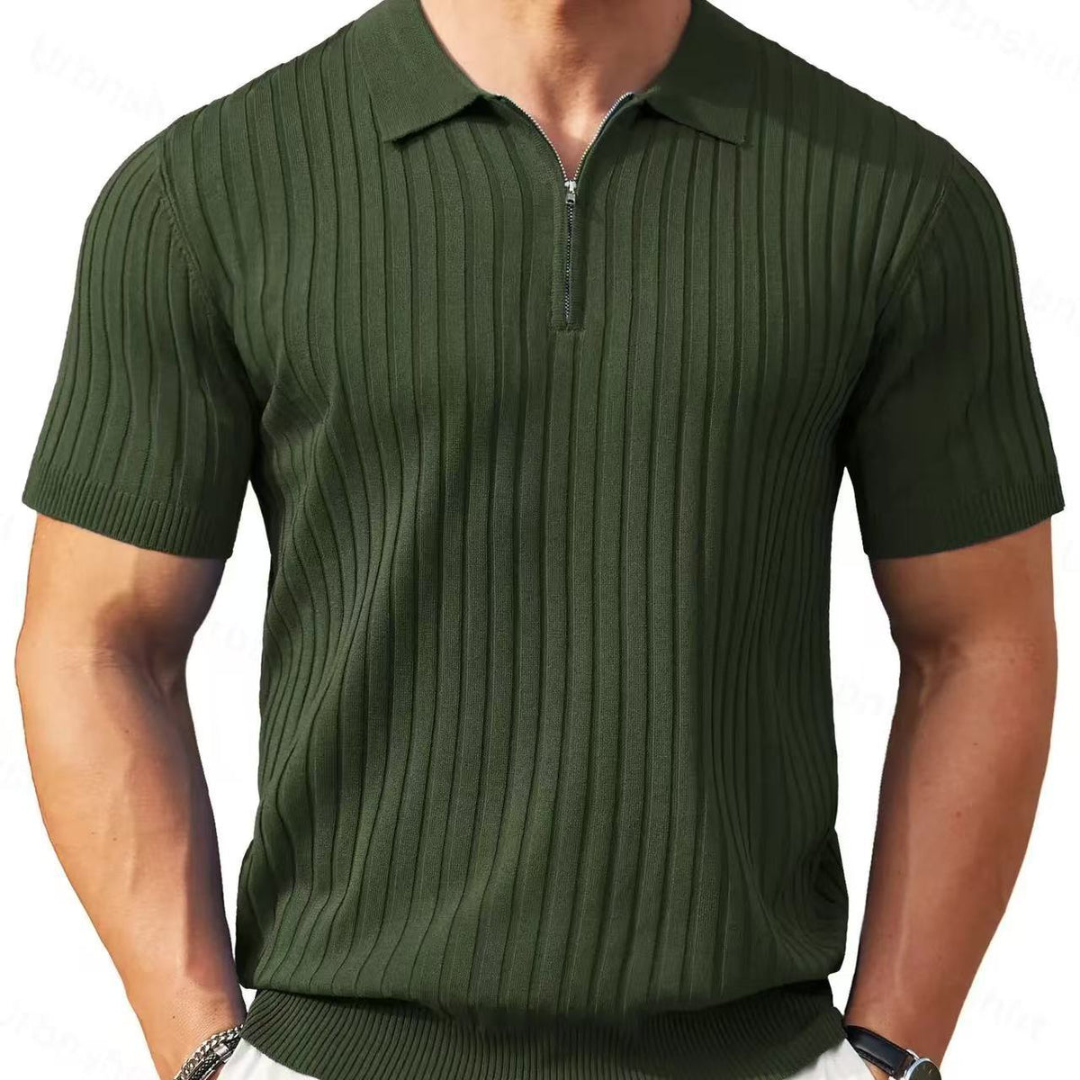 Mens Zip-Up Short-Sleeve Rib-Knit Polo T-Shirt Fashionable Casual Golf Shirt