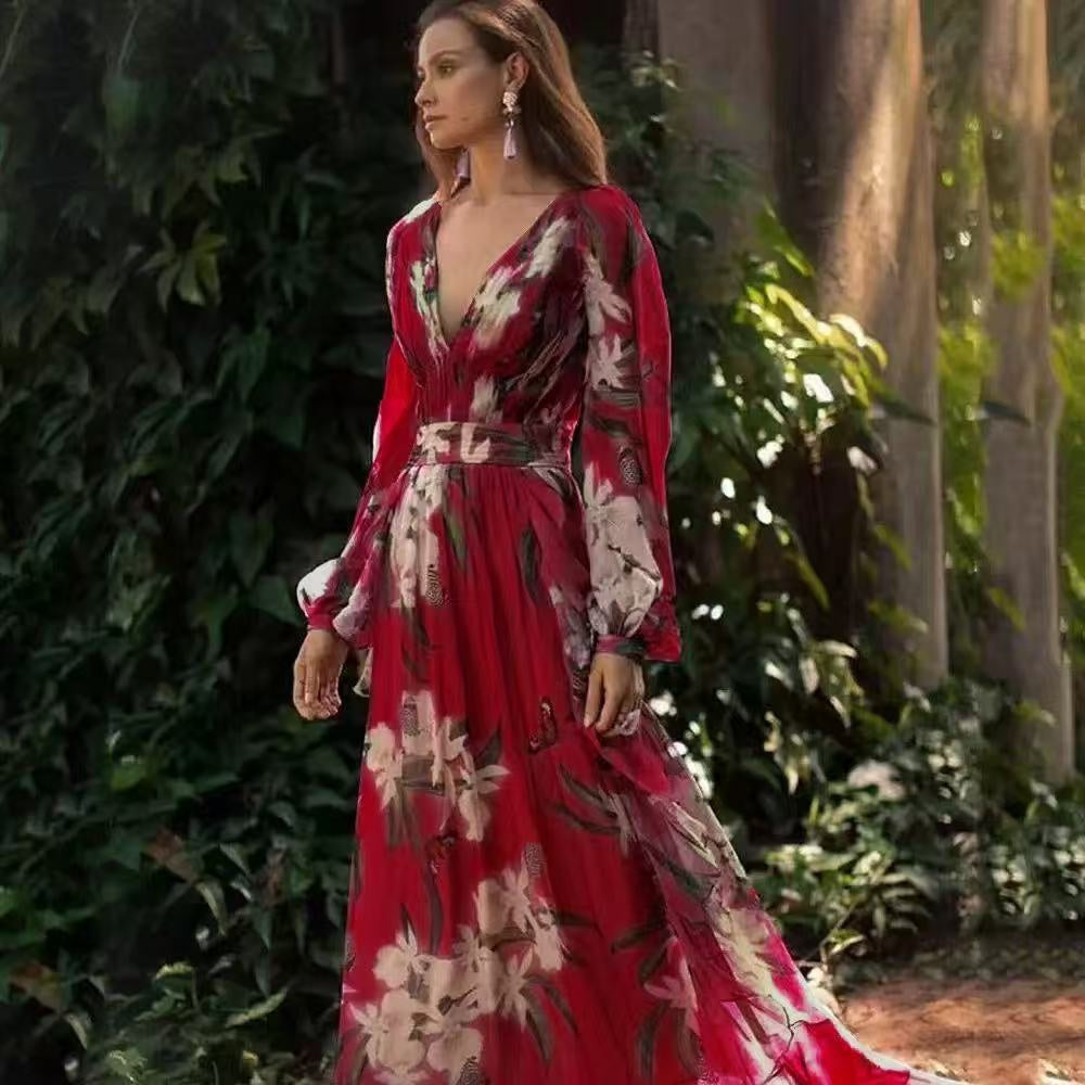 Winter New Style V-Neck Long Sleeve Four-Way Stretch Printed Flared Dress