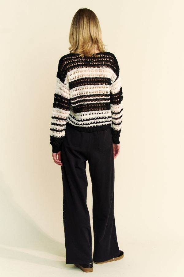 Back To School Sweater - Davi & Dani Contrast Striped Crochet Drop Shoulder Knit Cover Up