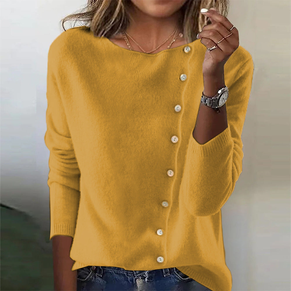 Elegant Round Neck Long Sleeve Button Sweater For Women Fall Spring Knitted Sweaters Tops