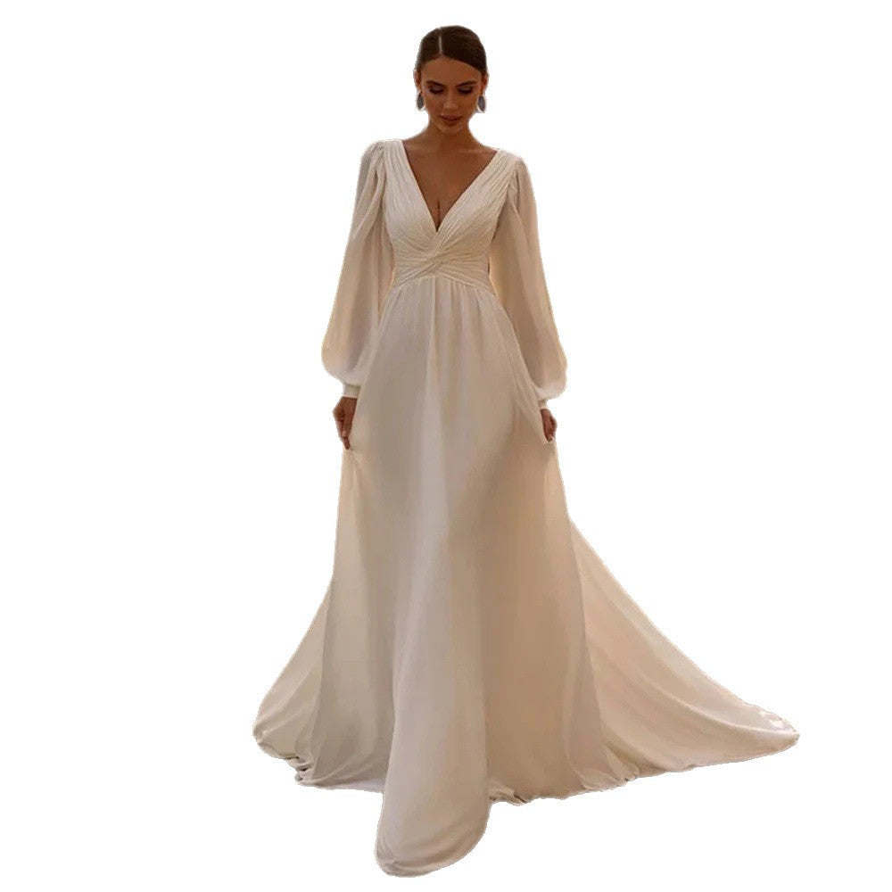 Bridal Chiffon Deep V Satin Long Sleeve Light Yarn Gown