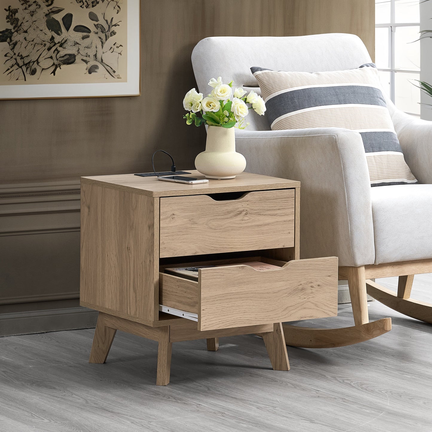 NORDICA bedside table with USB and Type-C charging station, drawer slide pre installed with natural oak wood