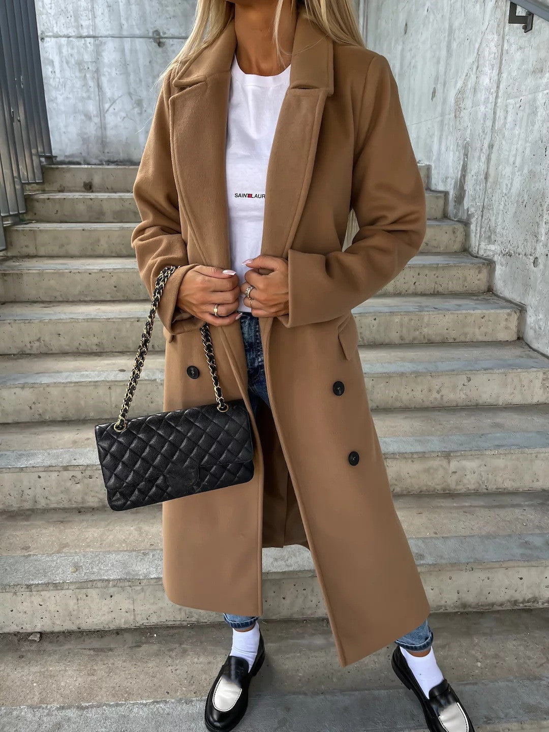 Double-breasted Lapel Split Jacket With Belt Winter Fashion Casual Long Sleeve Button Daily Coats For Women Clothing
