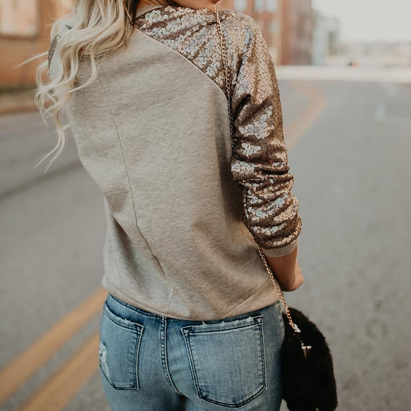 Women Sequine T Shirt Spring Fashion Long Sleeve T-Shirt Casual Loose Female Blusas Patchwork O-Neck Tops