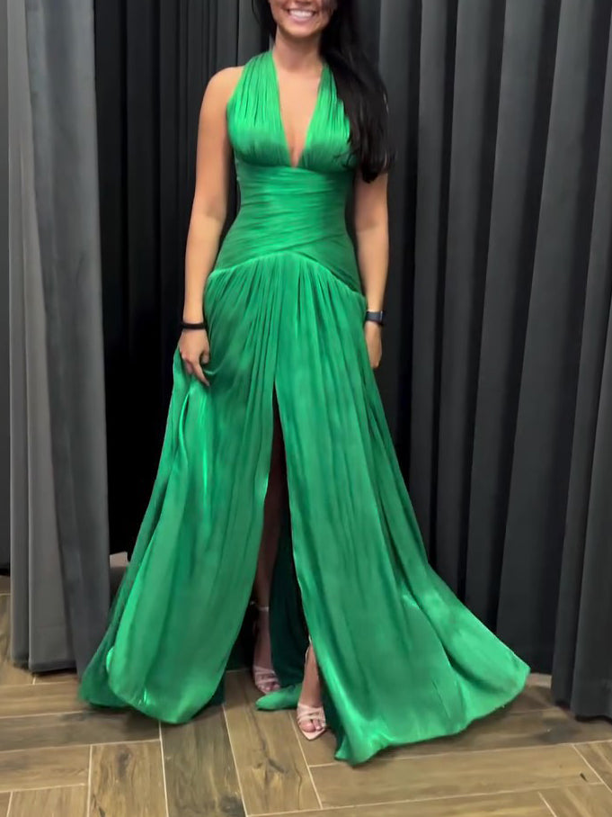 Emerald Green Plunging Neckline Gown With Pleated Skirt And Side Slit