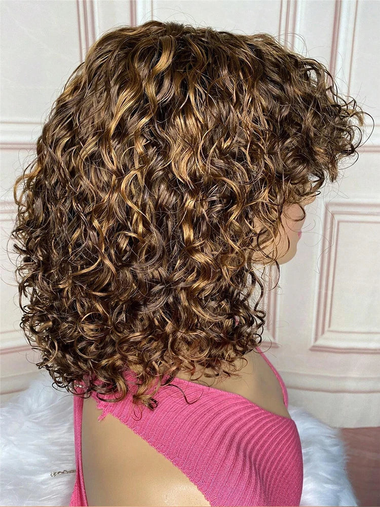 Ombre Honey Blonde Jerry Curly Pixie Bob Wig | Remy Human Hair with Bangs