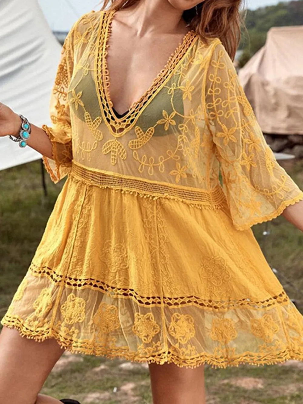 Sexy lace loose beach vacation hooded skirt bikini jacket swimsuit women