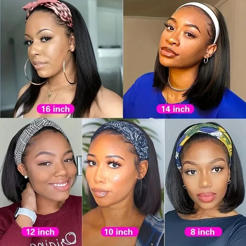 Straight Bob Headband Wig | 100% Brazilian Remy Human Hair Short Machine Made Bob Wigs for Women (All Colors)