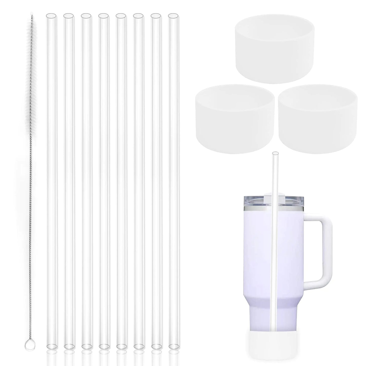 Style Loft Collection 3 Pack Silicone Boot for Stanley 40 oz Quencher Tumbler with Handle 8 Pack Replacement Straws with Cleaning Brush for Stanley 40 oz with Handle,Stanley Cup Accessories(White)