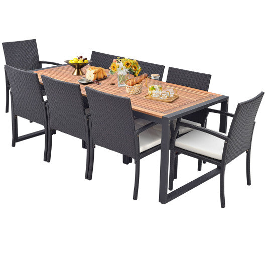 9 Pieces Patio Rattan Dining Set with Acacia Wood Table for Backyard Garden-L-shaped Handrail