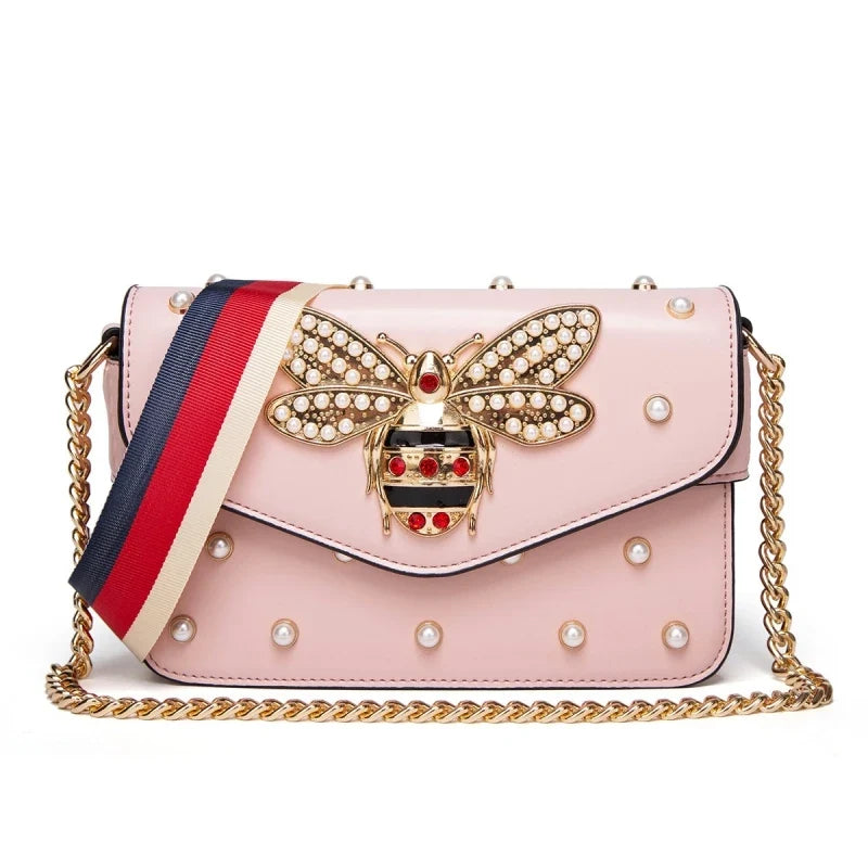 Women's Pearl and Bee Shoulder Handbag | PU Crossbody Bag with Chain