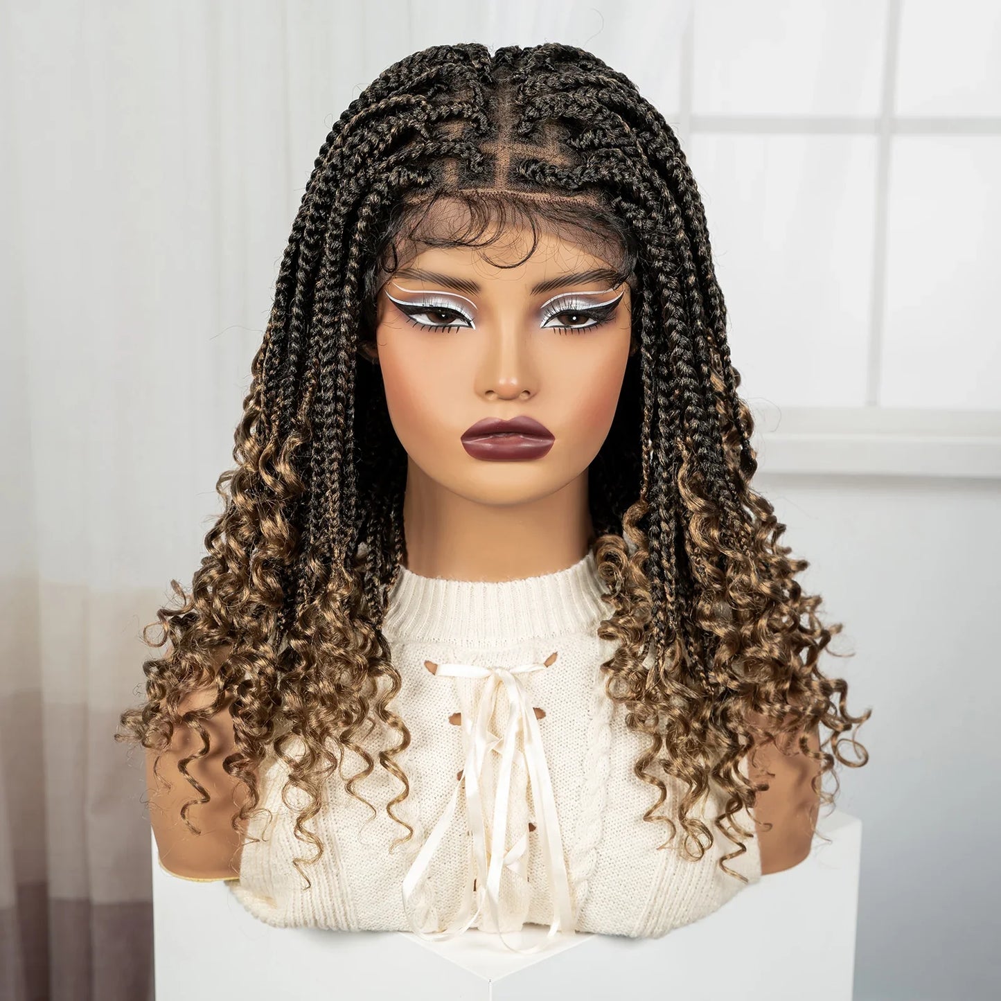 Burgundy Boho Knotless Braids Bob Wig with Curly Ends | Full Lace