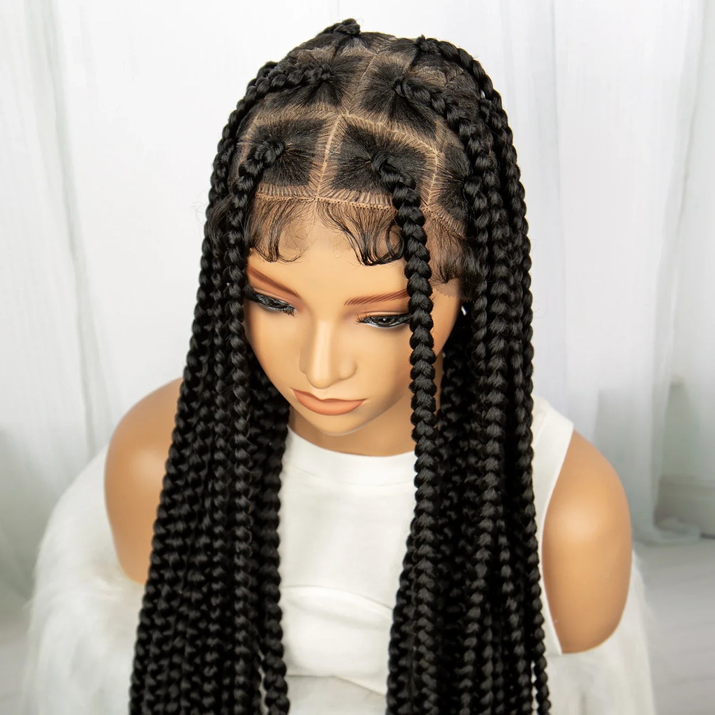 34" Knotless Box Braids Full Lace Wig | Transparent Lace | Long Black Synthetic Braids | Black Women