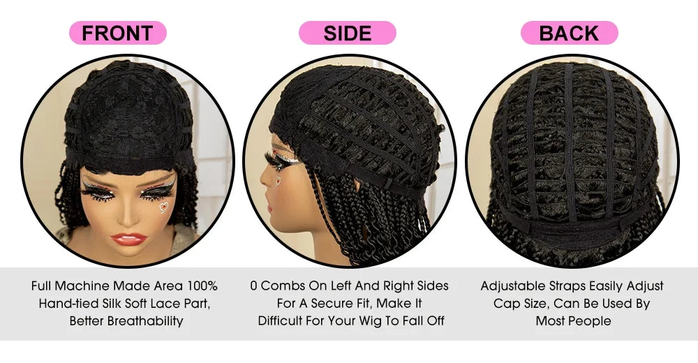 Short 14" Bob Braided Wig | Curly Knotless Box Braids | Synthetic Machine Made Wig | For Black Women