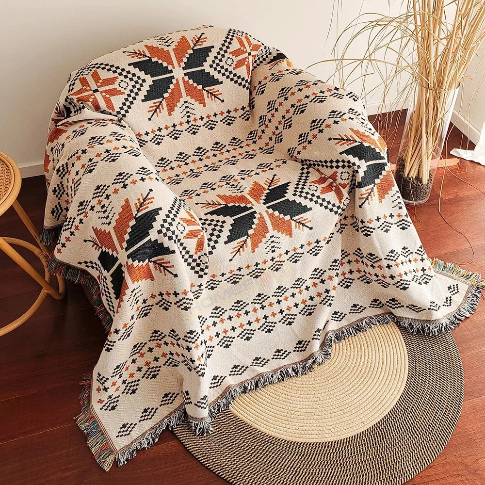 Aztec Blanket Oversized Boho Throw Blanket with Fringe Southwestern Geometric Tapestry Vintage Woven Throw Blankets Double-S