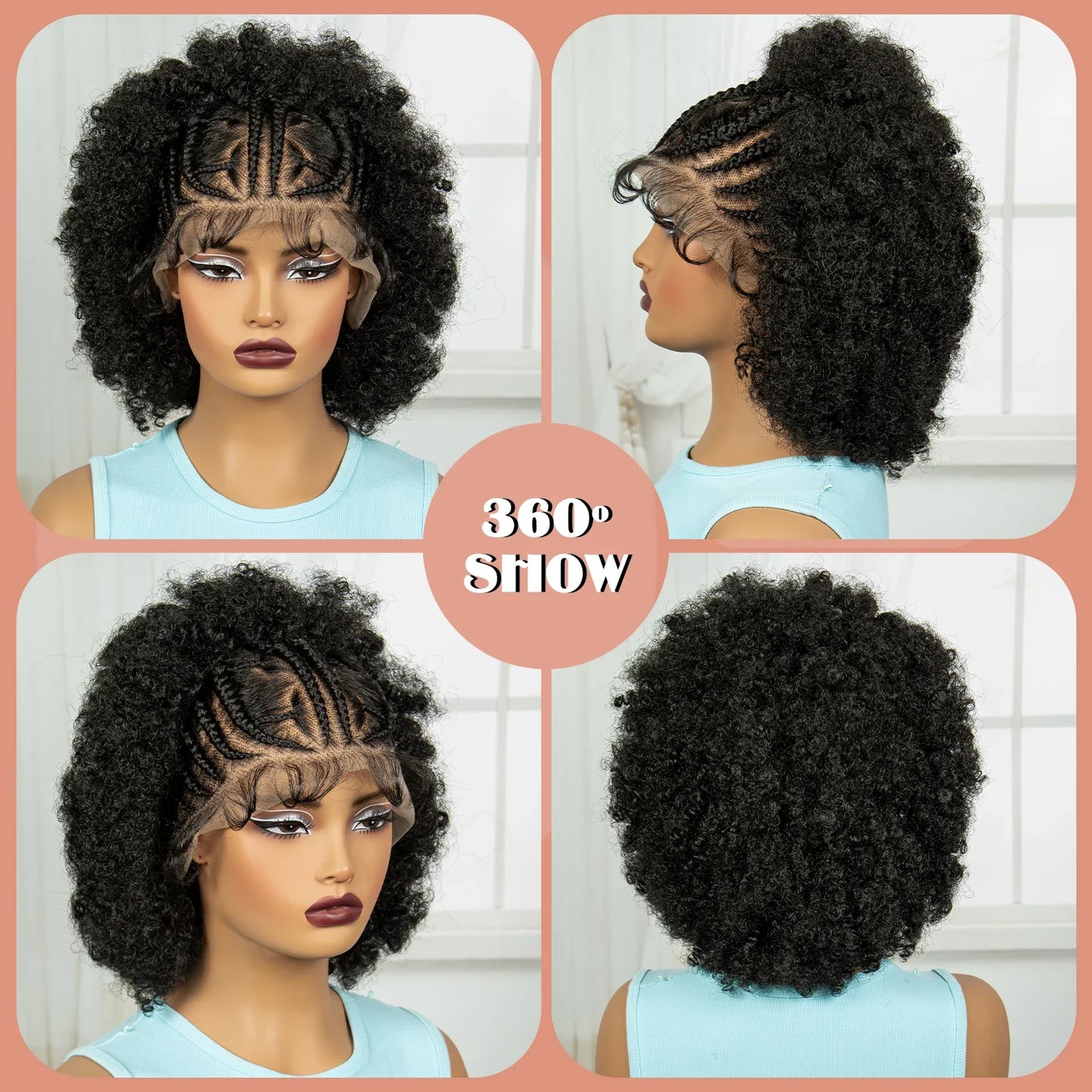 Short Natural Afro Kinky Curly Cornrow Braids Wig | Full Lace | Baby Hair