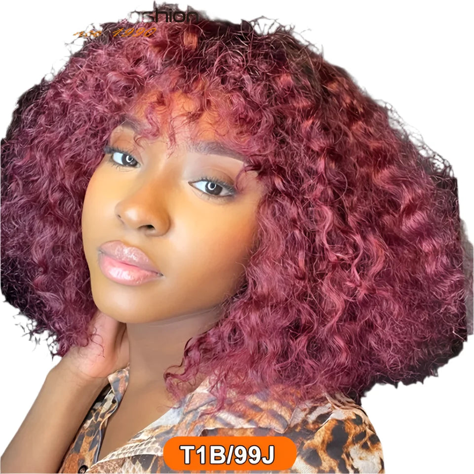 Highlight Honey Blonde Jerry Curly Pixie Bob Wig with Bangs | Full Machine Made Human Hair