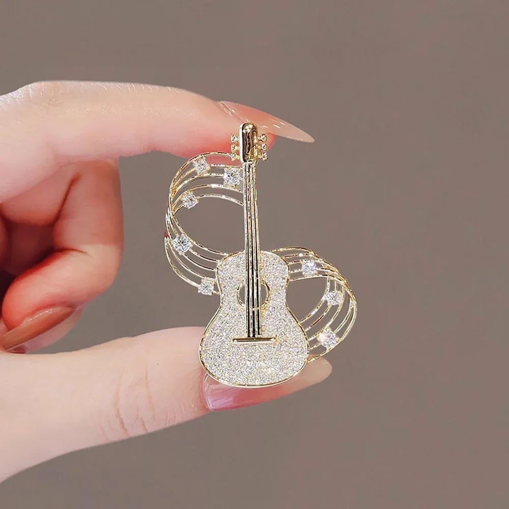 Trendy Guitar Brooch Shining Rhinestones New Unique High-end Design Creative Elegance Brooch Chest Flower Party Delicate Jewelry