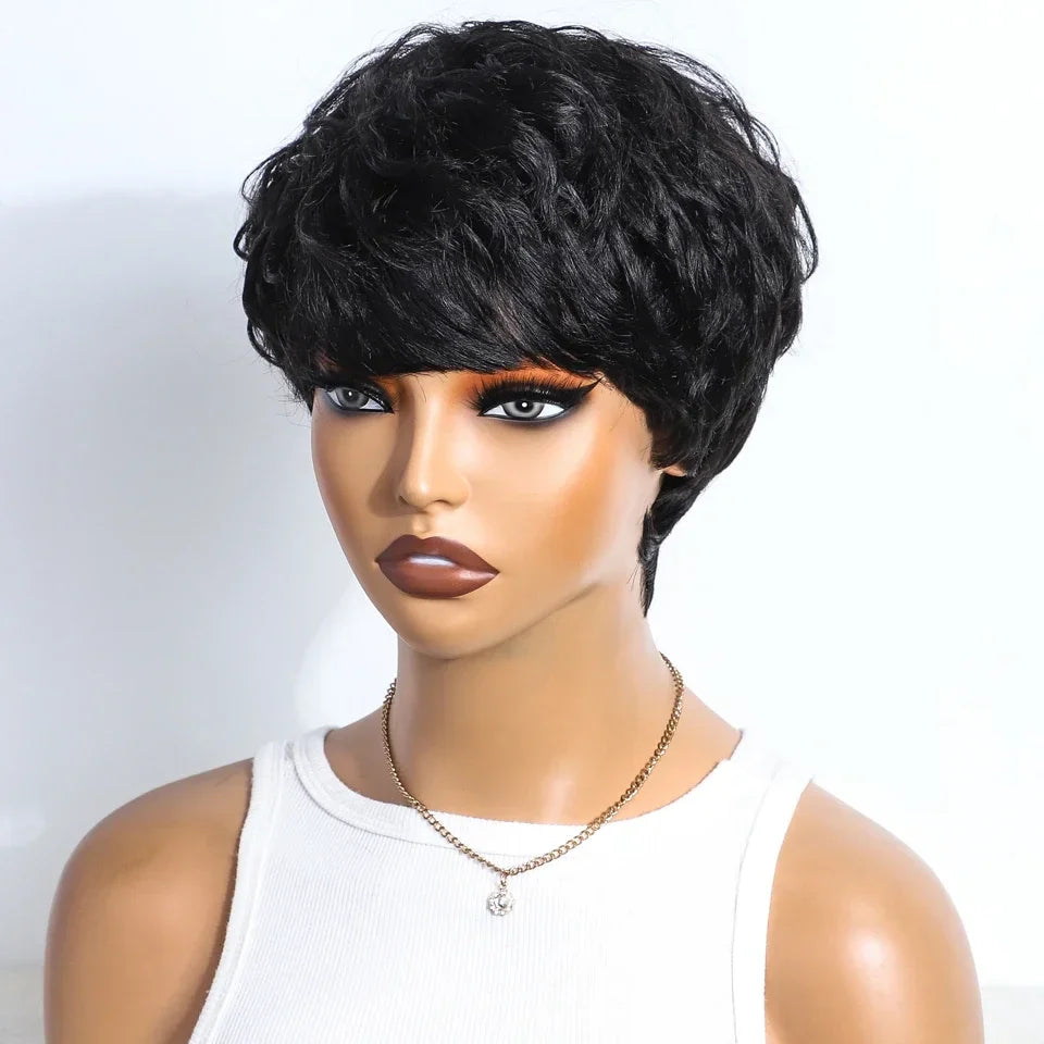 Rebecca Mixed Brown Pixie Cut Wig | Curly Side Part Brazilian Human Hair