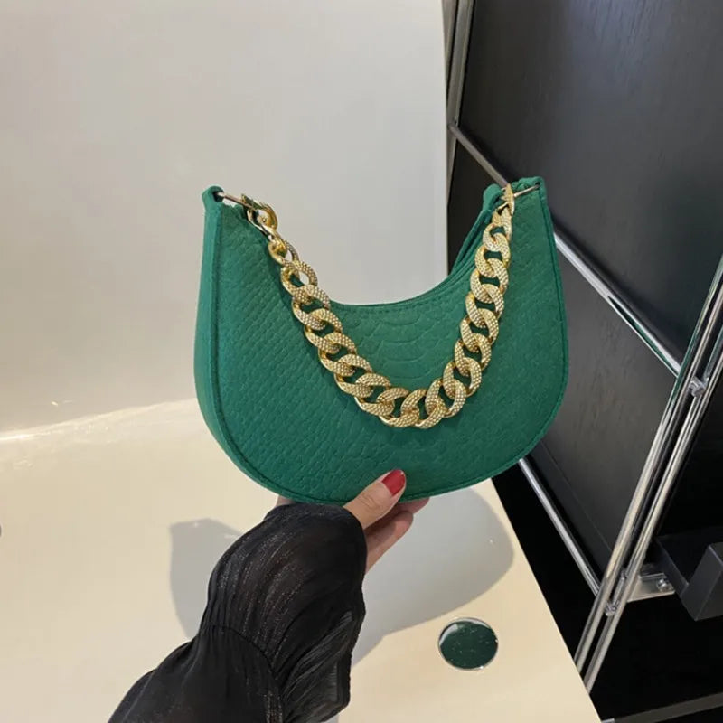 Fashion Women's Felt Handbag | Imitation Metal Chain Underarm Bag (Retro Ladies Solid Color Shoulder Bag, Trendy Casual Clutch Purse)