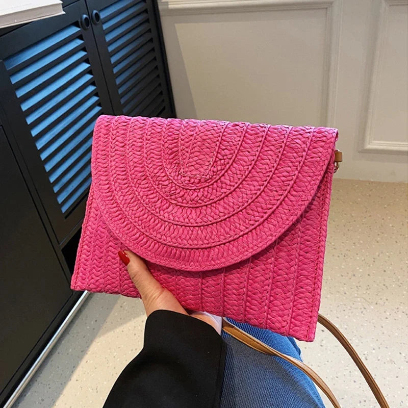 Summer Travel Beach Bag Straw Woven Clutch Bag | Fashion Designer Crossbody Shoulder Bag for Women (Handbag Ladies Wrist Wicker Bag)