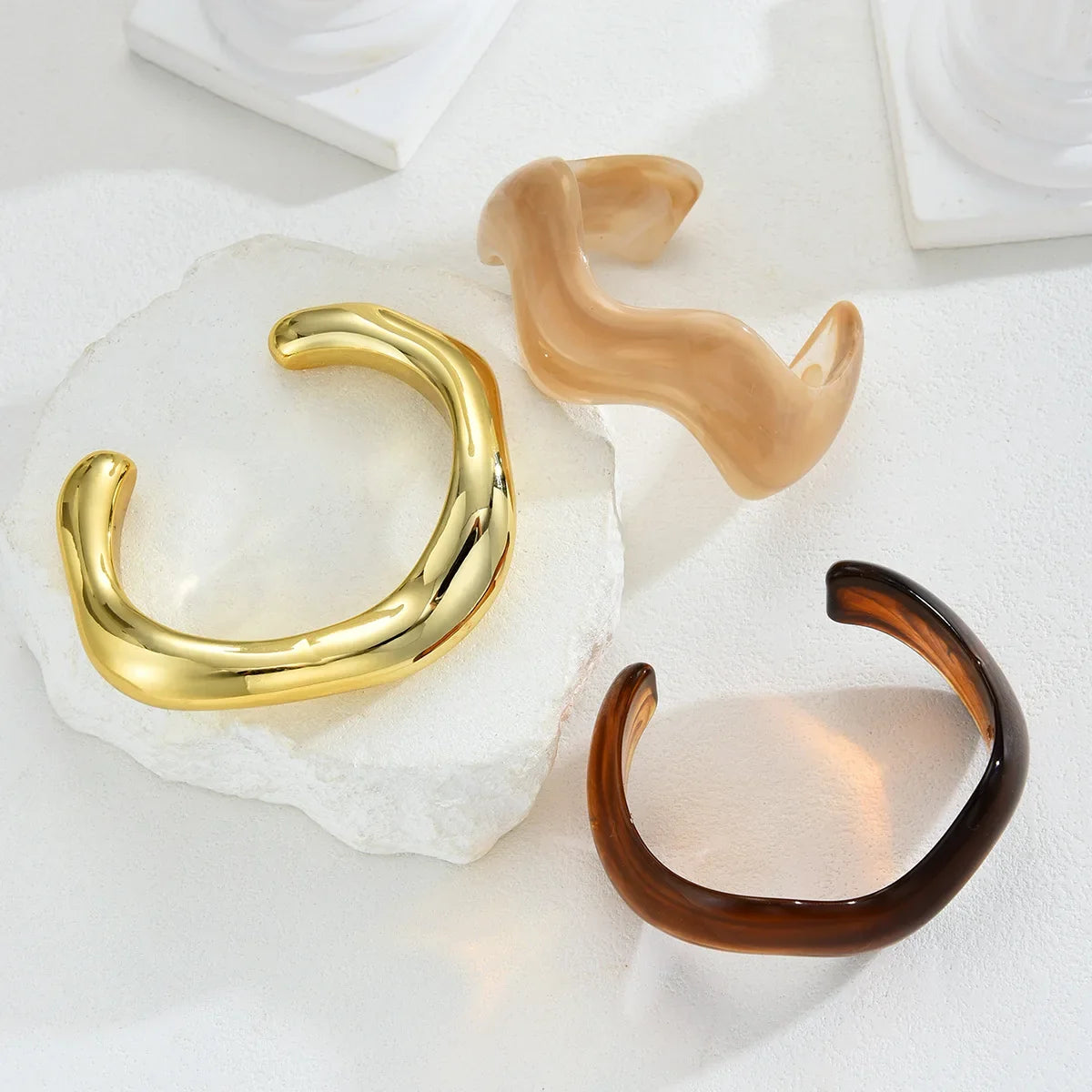 3Pcs Irregular Wavy Cuff Bangle Set For Women Resin Chunky Wave Bracelets Minimalist Stackable Wristband Trendy Jewelry Gift New