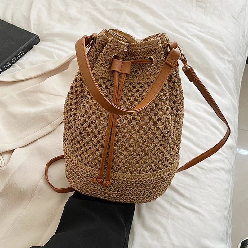 Simple Straw Bucket Bag for Women | Woven Handmade Shoulder Bag & Drawstring Crossbody Bag (Rattan Beach Bag for Girls & Travel Purse)